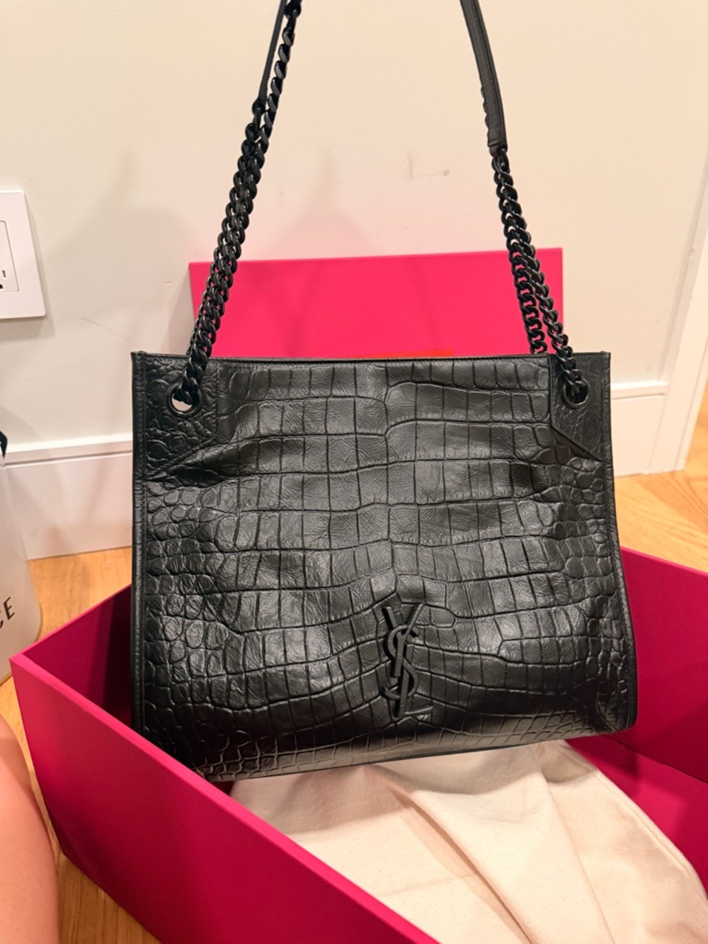 In Box brand newSaint Laurent Black Croc-Embossed Shoulder Bag with Chain Straps